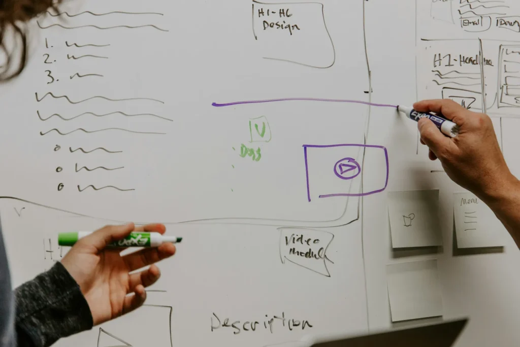 Händer skissar wireframes och flöden på en whiteboard